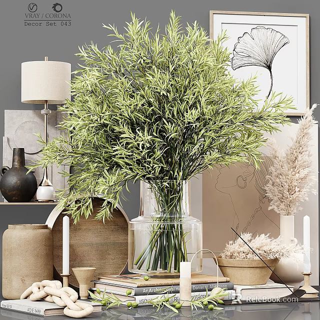 Ornamental Decor Collection With Green Plants Transparent Vase Terracotta Pots Table Lamp And Dried Flowers 3d model 