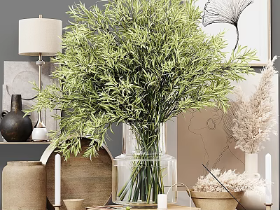 Ornamental Decor Collection With Green Plants Transparent Vase Terracotta Pots Table Lamp And Dried Flowers 3d model