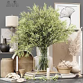 Ornamental Decor Collection With Green Plants Transparent Vase Terracotta Pots Table Lamp And Dried Flowers