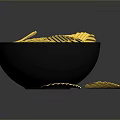 Black Bowl Filled With Crunchy Yellow Potato Chips Two Chips Beside