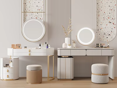 Modern Luxury Dressing Table with Round Gold Mirrors and Cushioned Stools on Textured Walls 3d model