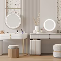 Modern Luxury Dressing Table with Round Gold Mirrors and Cushioned Stools on Textured Walls