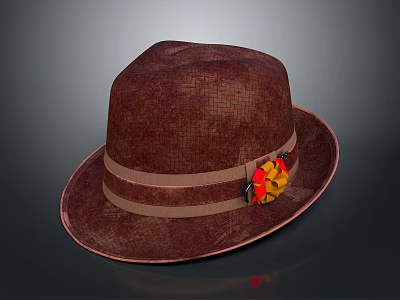 Stylish Brown Hat With Brown Band And Red Flower Decoration For Daily Use 3d model