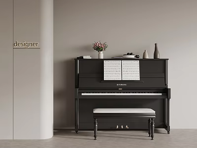 Black Upright Piano Interior With Bench Vase Books And Designer Accents 3d model