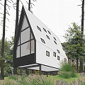 A Frame Residential Building in Forest with Large Glass Windows and Greenery