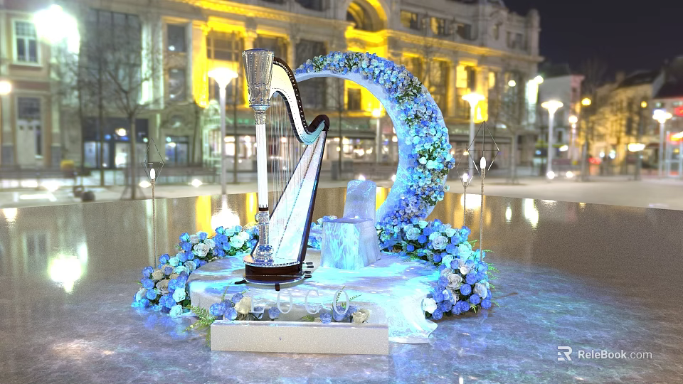 Stunning Harp Display With Blue Floral Wreath Ice Sculpture Seat And Night Building Lighting 3d model 