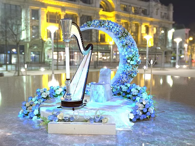 Stunning Harp Display With Blue Floral Wreath Ice Sculpture Seat And Night Building Lighting 3d model