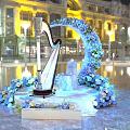 Stunning Harp Display With Blue Floral Wreath Ice Sculpture Seat And Night Building Lighting