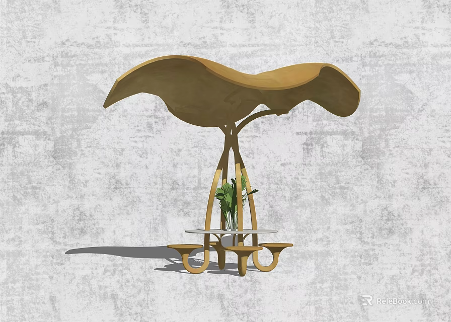 Wooden Landscape Seat With Leaf Shaped Canopy And Outdoor Table Plants 3d model 