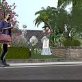 Woman With Pink Handbag Near Roadside Garden Featuring Flowers Palm Tree And Balloons