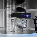 Technology Exhibition Hall with VR Headset on Humanoid Model and Interactive Digital Wave