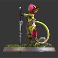 Green Skinned Pink Haired Pointed Ears Fantasy Character Standing Holding Sword With Tail on Grass Stone Base