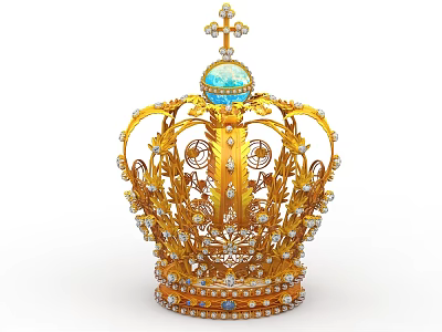 Golden Jeweled Crown Hat With Cross Top Blue Gemstone And Intricate Patterns 3d model