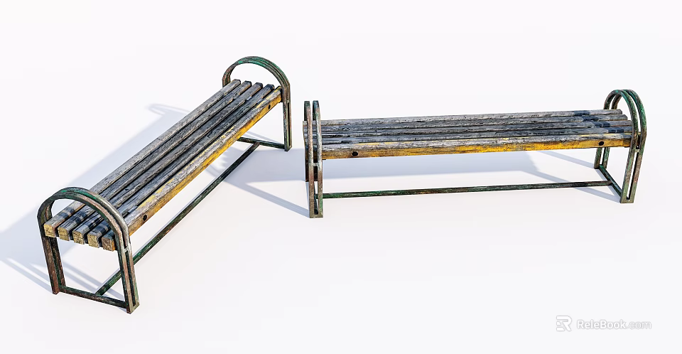 Vintage Outdoor Bench With Wooden Slats And Metal Frame Structure Design 3d model 
