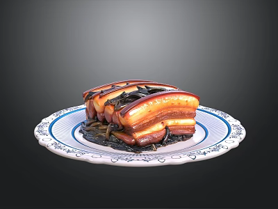 Delicious Layered Braised Pork Belly Served On Blue And White Patterned Plate With Dark Background 3d model