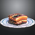 Delicious Layered Braised Pork Belly Served On Blue And White Patterned Plate With Dark Background