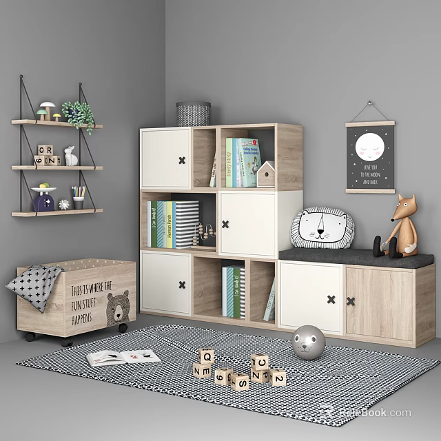 Modern Kids Room Bookcase With Wooden White Compartments Books Toys Building Blocks And Wall Art 3d model 