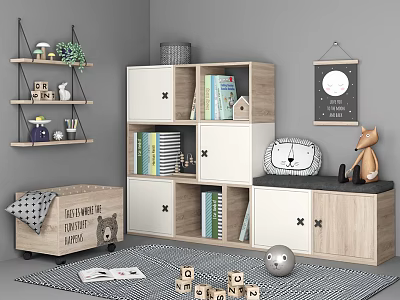 Modern Kids Room Bookcase With Wooden White Compartments Books Toys Building Blocks And Wall Art 3d model