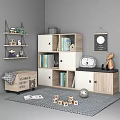 Modern Kids Room Bookcase With Wooden White Compartments Books Toys Building Blocks And Wall Art