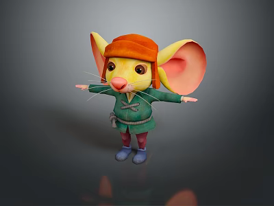 Cartoon Mouse Game Movie Character With Orange Hat Large Ears Pink Nose And Green Coat 3d model