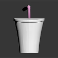 White Cup With Cartoon Face Design And Pink Straw On Black Background