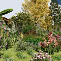 Vibrant Arboreal Garden Landscape With Diverse Trees Colorful Blooms And Foliage