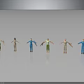 Six Humanoid Dolls In Different Colored Clothes On Black Reflective Surface With Gray Gradient Background 3d model