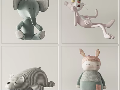 Collection Of Plush Toys Elephant Pink Panther Striped Bear And Doll 3d model