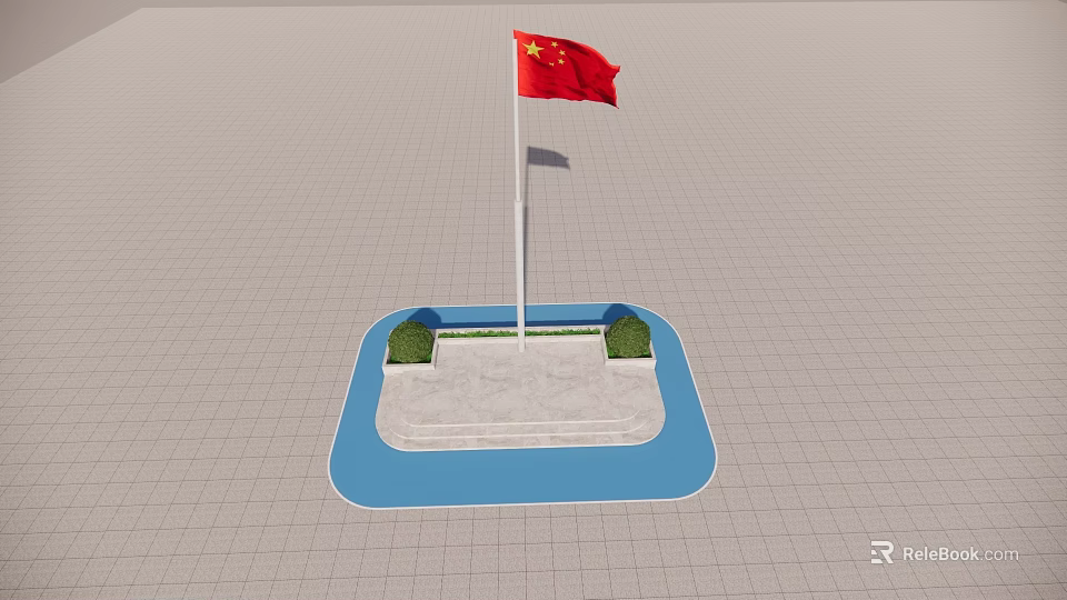 Chinese national flag flies on flagpole with blue base green bushes and gray grid ground 3d model 