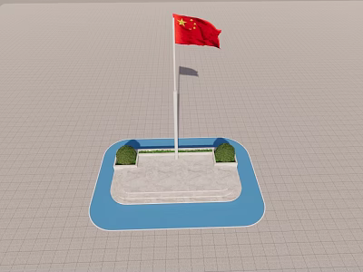 Chinese national flag flies on flagpole with blue base green bushes and gray grid ground 3d model