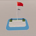 Chinese national flag flies on flagpole with blue base green bushes and gray grid ground