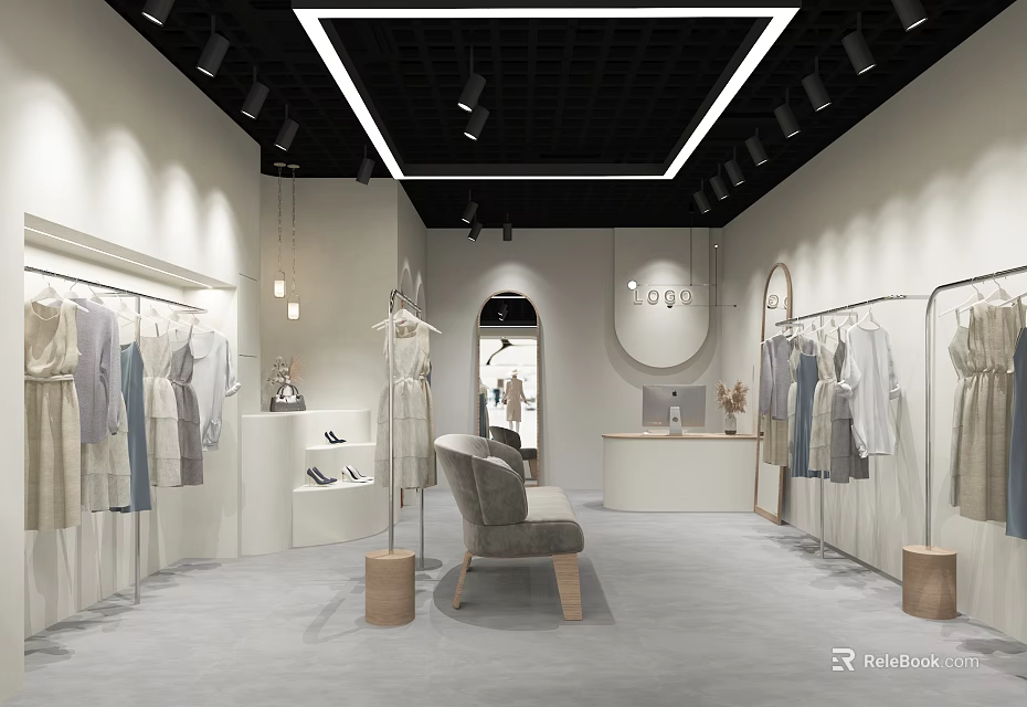 Clothing Store Modern Interior With Clothing Racks Apparel Display And Bench Seating 3d model 