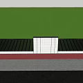 Modern Outdoor Landscape Wall With Vertical Slats Green Trees And Red Walkway