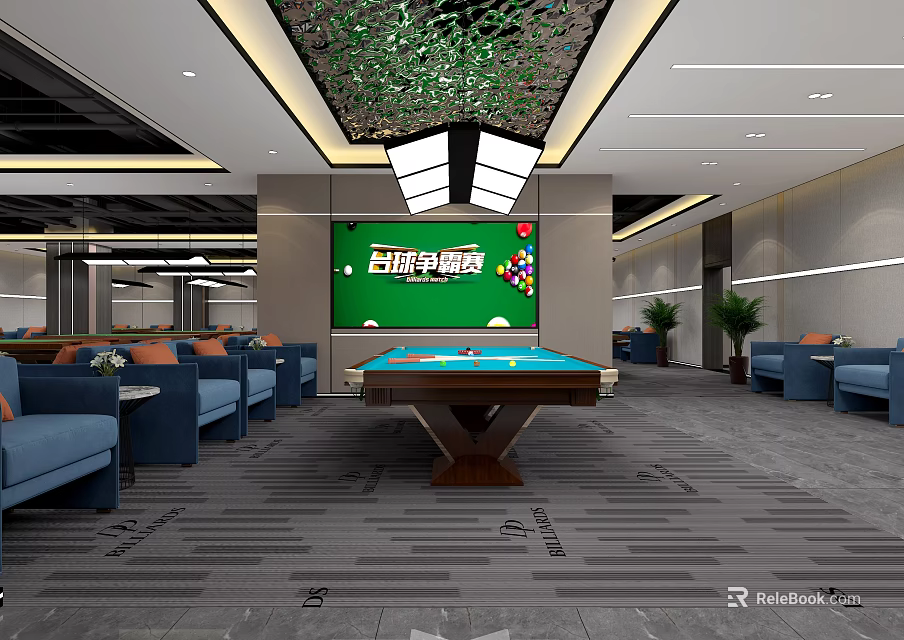 Modern Indoor Sports Fitness Space with Billiard Table Sofas and Large Screen 3d model 