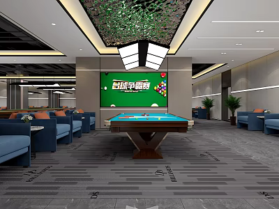 Modern Indoor Sports Fitness Space with Billiard Table Sofas and Large Screen 3d model