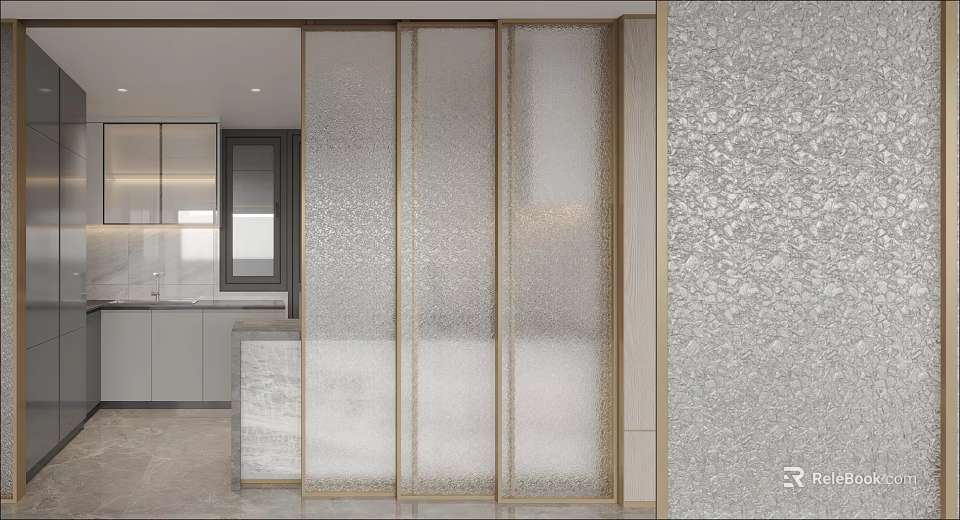 Modern Interior Design Featuring Frosted Glass Sliding Doors With Gold Frame In Kitchen Space 3d model 