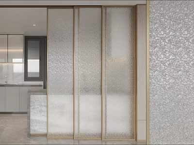 Modern Interior Design Featuring Frosted Glass Sliding Doors With Gold Frame In Kitchen Space 3d model