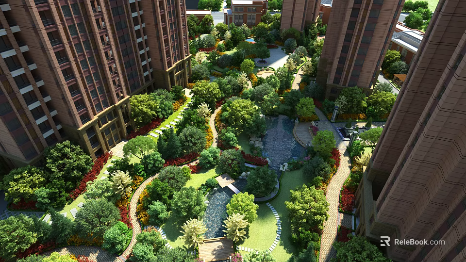 Urban Garden Landscape With High Rise Buildings Lush Plants Winding Paths And Water Ponds 3d model 