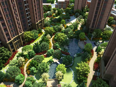 Urban Garden Landscape With High Rise Buildings Lush Plants Winding Paths And Water Ponds 3d model