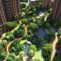 Urban Garden Landscape With High Rise Buildings Lush Plants Winding Paths And Water Ponds