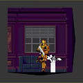 Yellow Armored Character In Purple Room With Sofa Red Carpet And Window