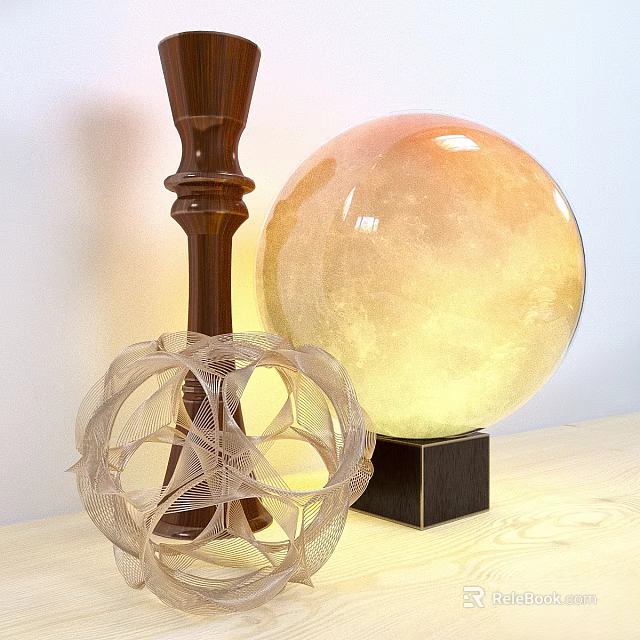 Elegant Decorative Ornament Set With Brown Column Glowing Sphere And Hollow Sphere On Wooden Table 3d model 