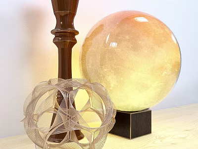 Elegant Decorative Ornament Set With Brown Column Glowing Sphere And Hollow Sphere On Wooden Table 3d model