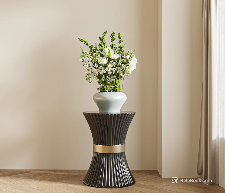 Indoor Potted Plant In White Vase With Green White Flowers On Black Pedestal Gold Accent 3d model 