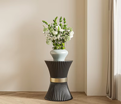 Indoor Potted Plant In White Vase With Green White Flowers On Black Pedestal Gold Accent 3d model