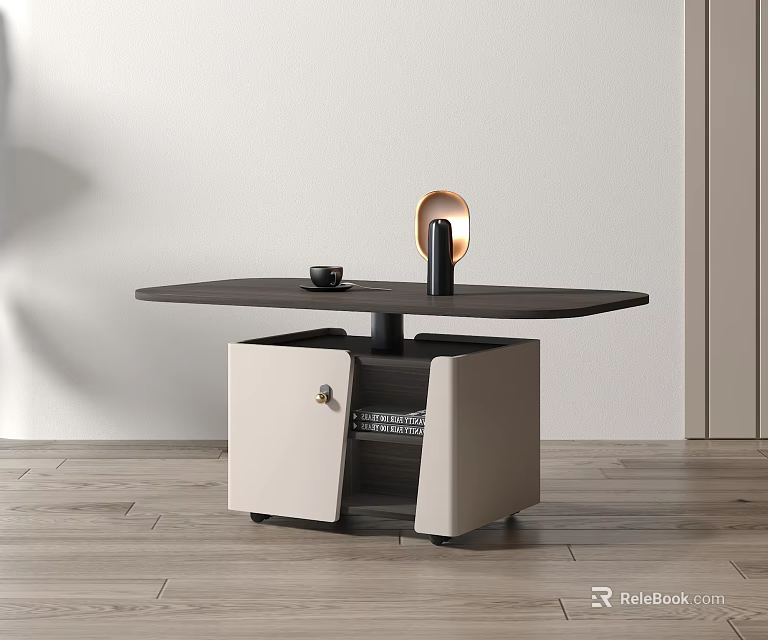 Modern Coffee Table With Black Top And Beige Storage Cabinet Featuring Lamp And Cup 3d model 