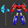 Red And Blue Robot Action Figure With Blue Axe Weapon