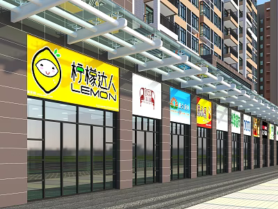 Modern Commercial Street With Multiple Shops Colorful Signboards And Glass Doors 3d model