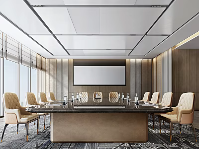 Modern Conference Room Interior Design With Long Wooden Table Comfortable Chairs And Large Windows 3d model