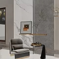 Modern Luxury Leisure Chair In Elegant Interior With Marble Wall Gold Shelf And Green Plant
